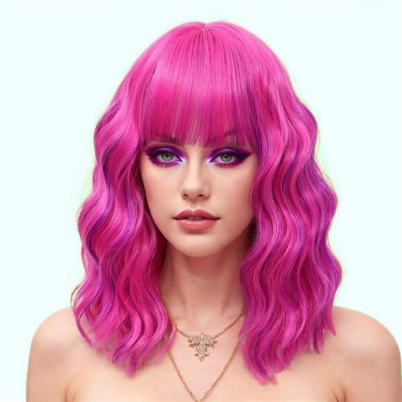 Rose mixed Purple Wig with Bangs Wavy Wigs for Women - Picture 1 of 5
